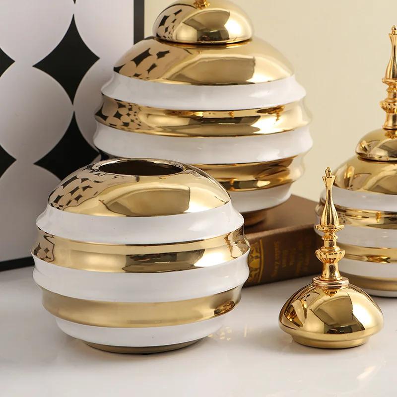 Zlatá keramická váza Zázvorová nádoba Úložná nádoba Vintage porcelánová váza Úložná nádoba s vrcholovým víkem Květinová váza Jídelní stůl Domácí dekorace