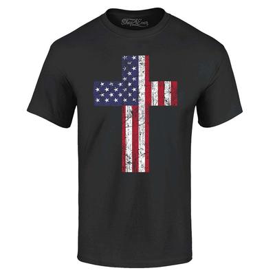 Camiseta com Cruz da Bandeira Americana Desgastada Camisetas do 4 de Julho