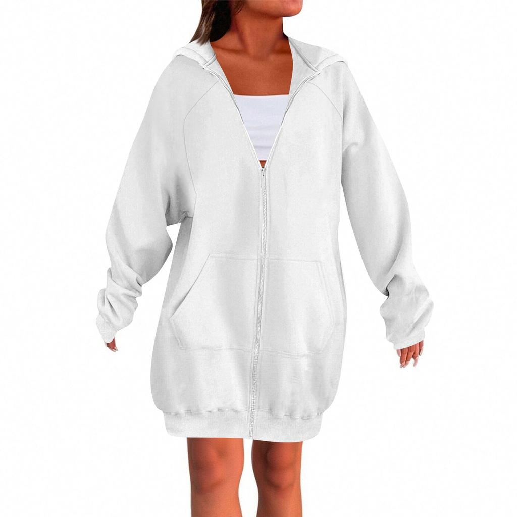 Women's Solid Color Zippered Sweatshirt Top Daily Casual Raglan Long Jacket (Without Hood Drawstring)
