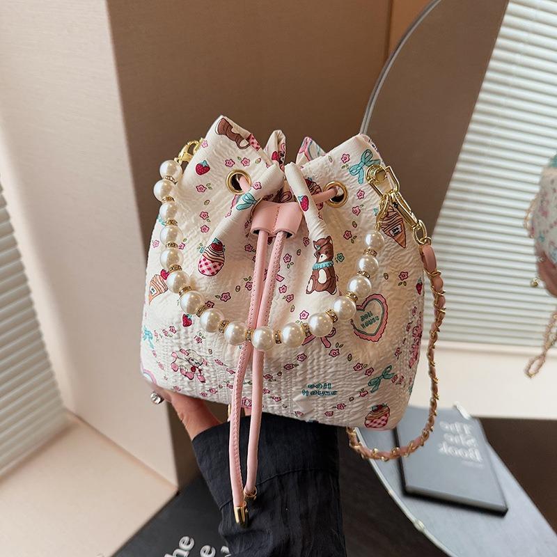 Bucket bag women's new summer pumping belt pearl temperament simple daily commuting portable messenger bag