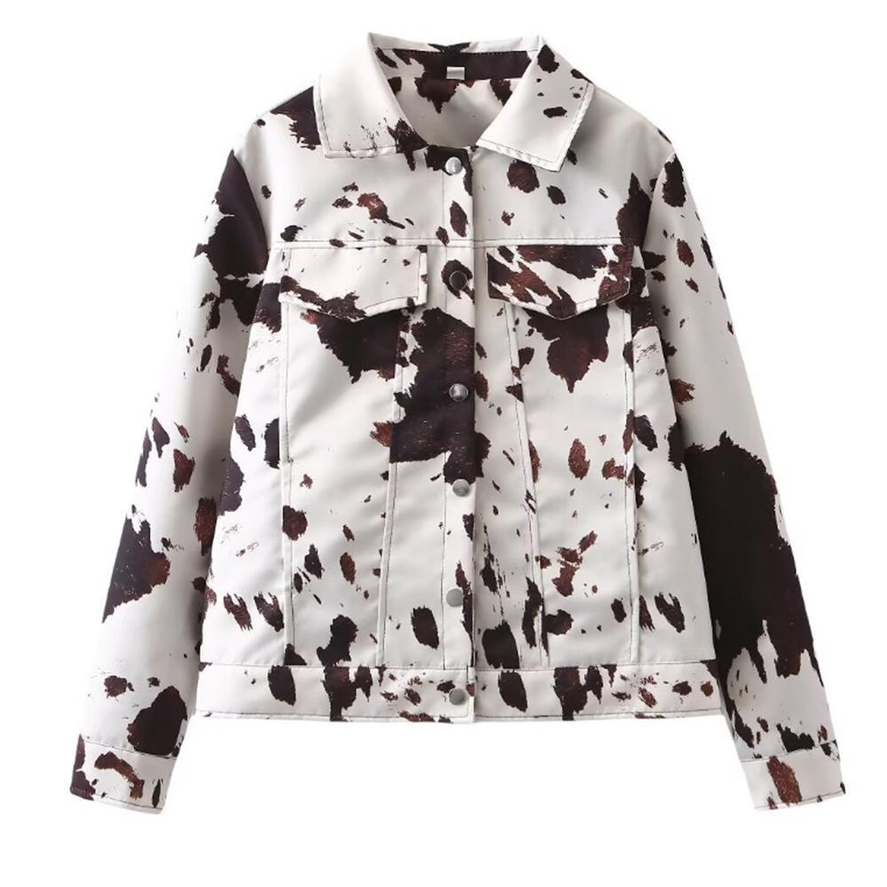 Cross-border European and American autumn women's clothing popular lapel print shirt long-sleeved short jacket