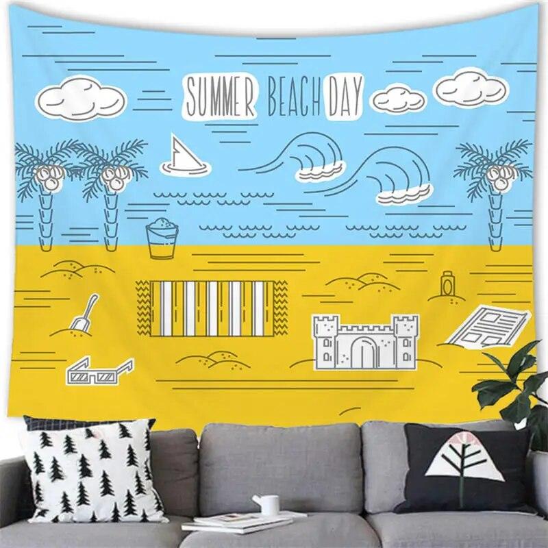 Summer Beach Tapestry Wall Hanging Cartoon Summer Beach  Party Home Bedroom Living Room Aestheticism Decor Background Tapestry