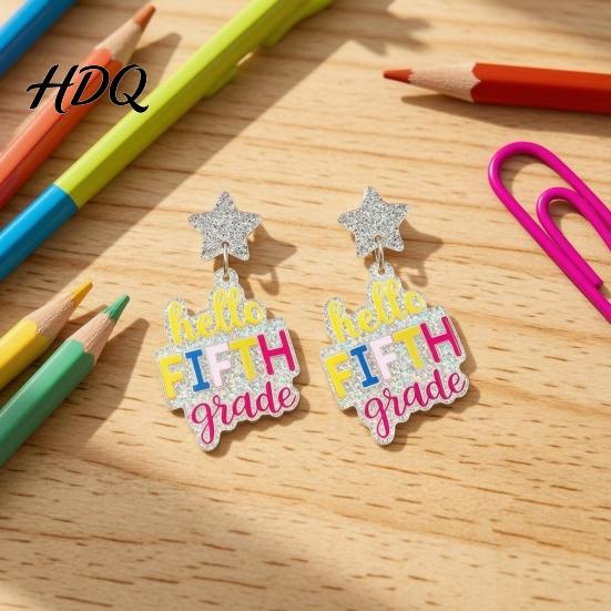Fashionable Holiday Earrings 1 Pair Colorful Acrylic Letter Drop Dangle for Women Glitter Funny First Retro Style Jewelry Day of School Earring,