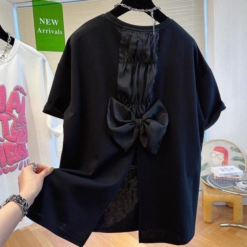 

Cotton Back Split T-shirt, Round Neck Bow, Loose and Thin, Plus Size Women s Summer Top XS чёрный