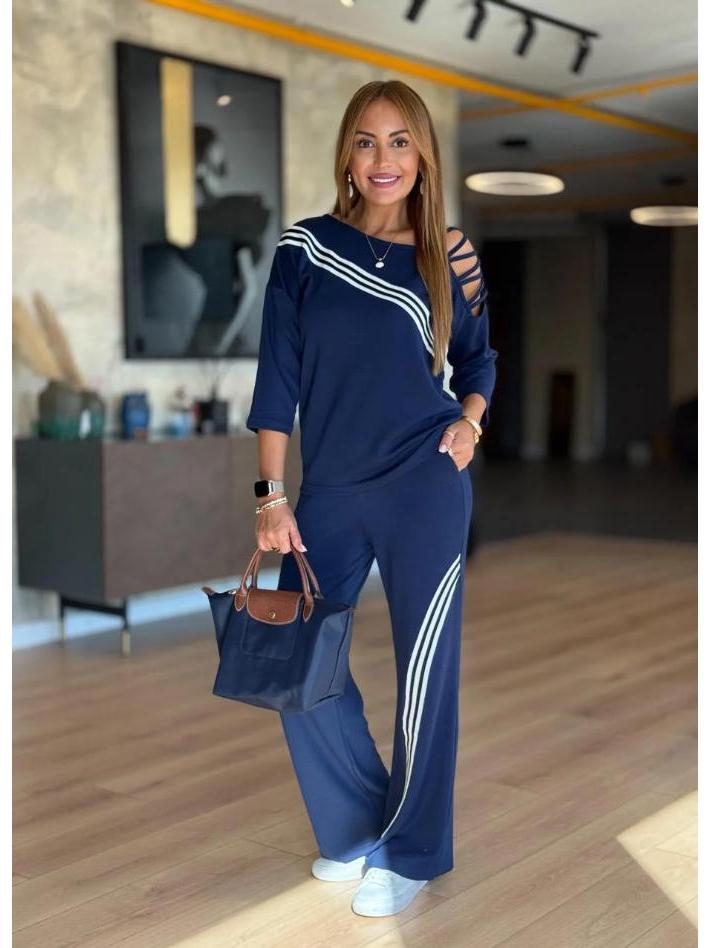 

2025 Осень Европейский и Американский Женский Спортивный Повседневный Рубчатый Спортивный Костюм L синий