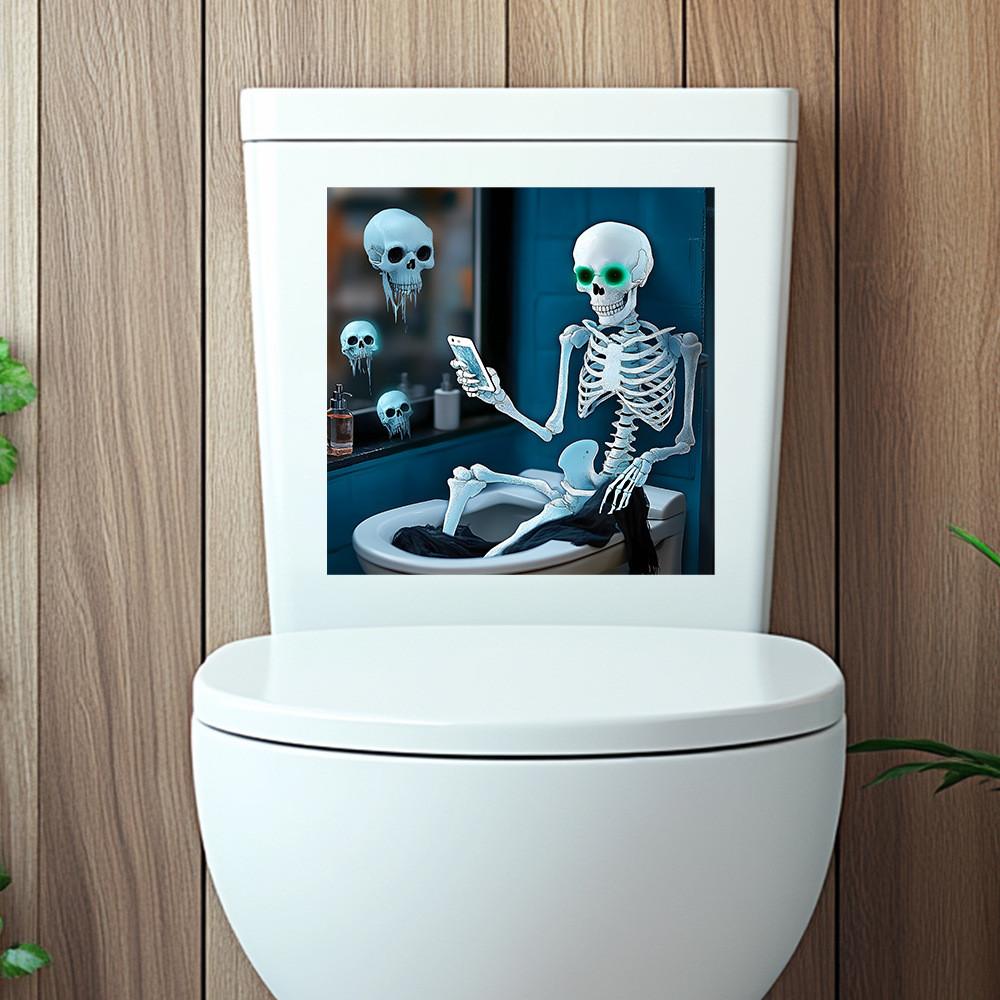 Halloween Creative Toilet Skeleton Play Phone Pattern Home Wall Decor Sticker