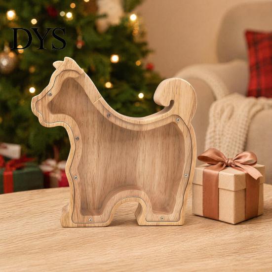 Children Piggy Bank Wooden Dog with Clear Front, Unbreakable Puppy Coin Cash Front Container, Decorative Animal Money Saving Box for Boys Girls