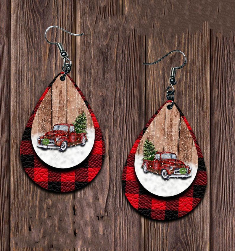 Christmas Tree Leather Teardrop Earrings - Holiday Style