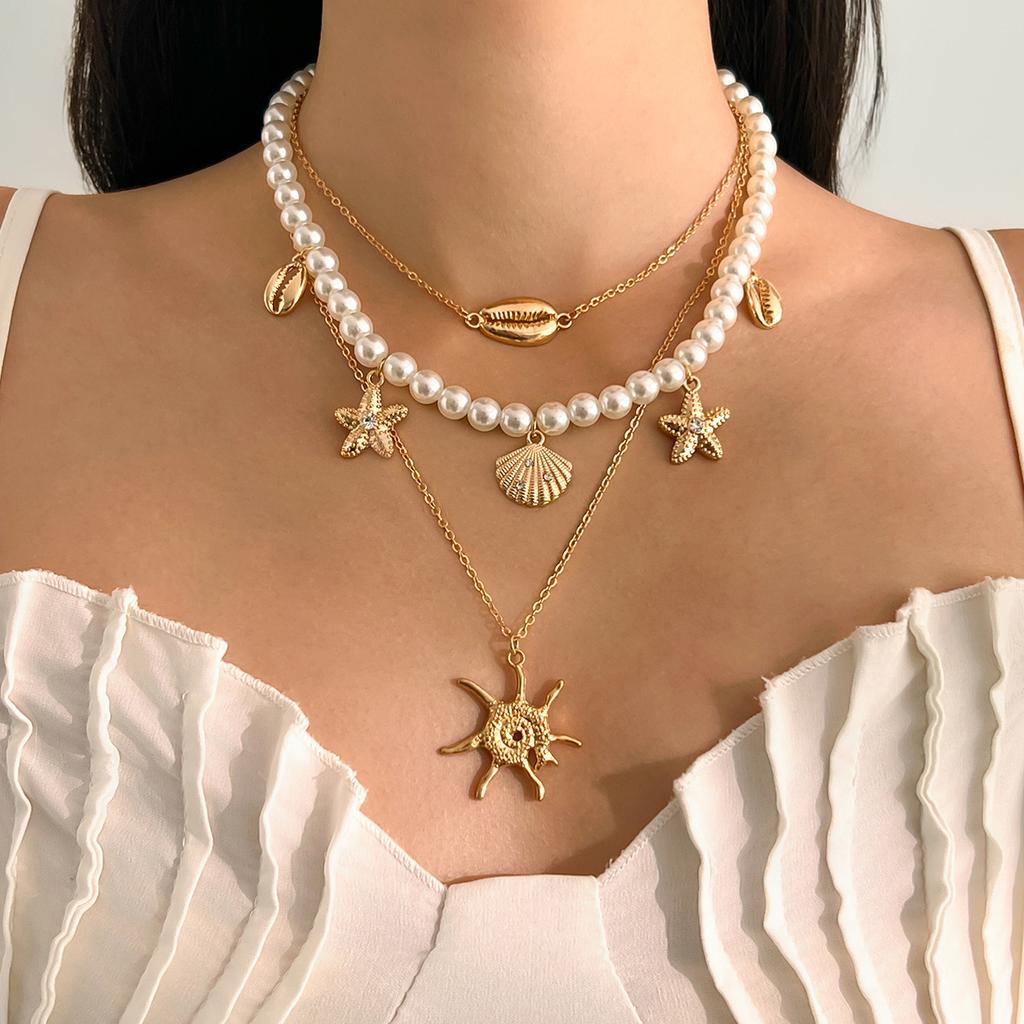 Bohemian Pearl Beaded Necklace Starfish Shell Pendant Necklace Holiday