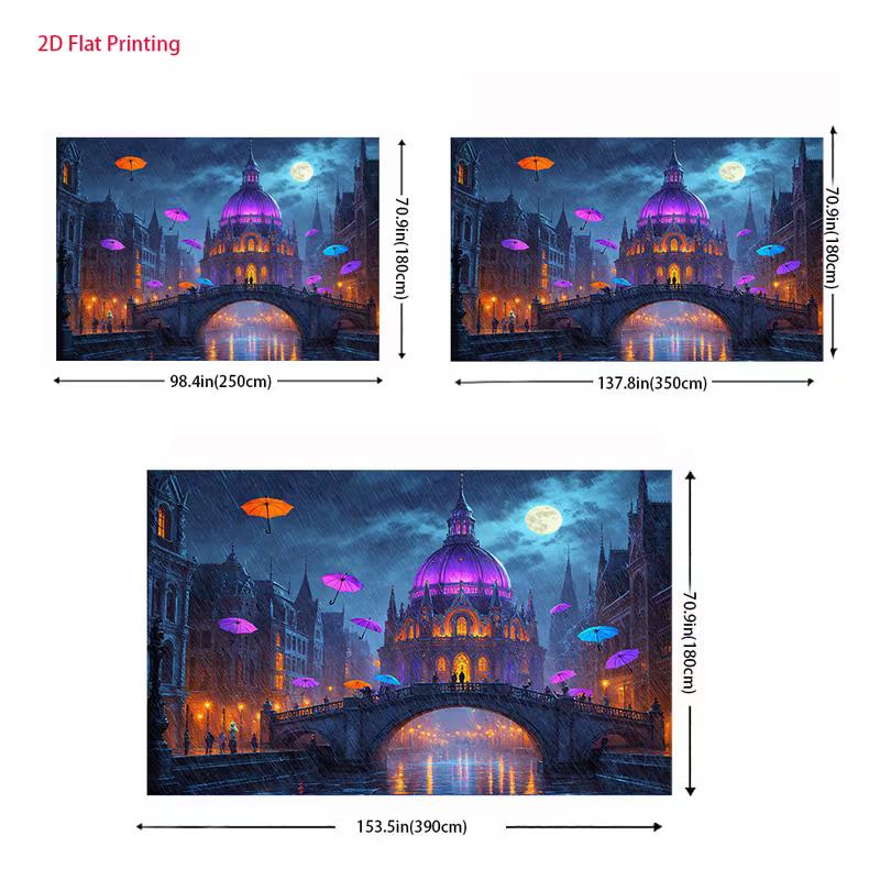 2D Dreamy Rainy City Backdrop, Moon and Colorful Umbrellas Party Background Cloth