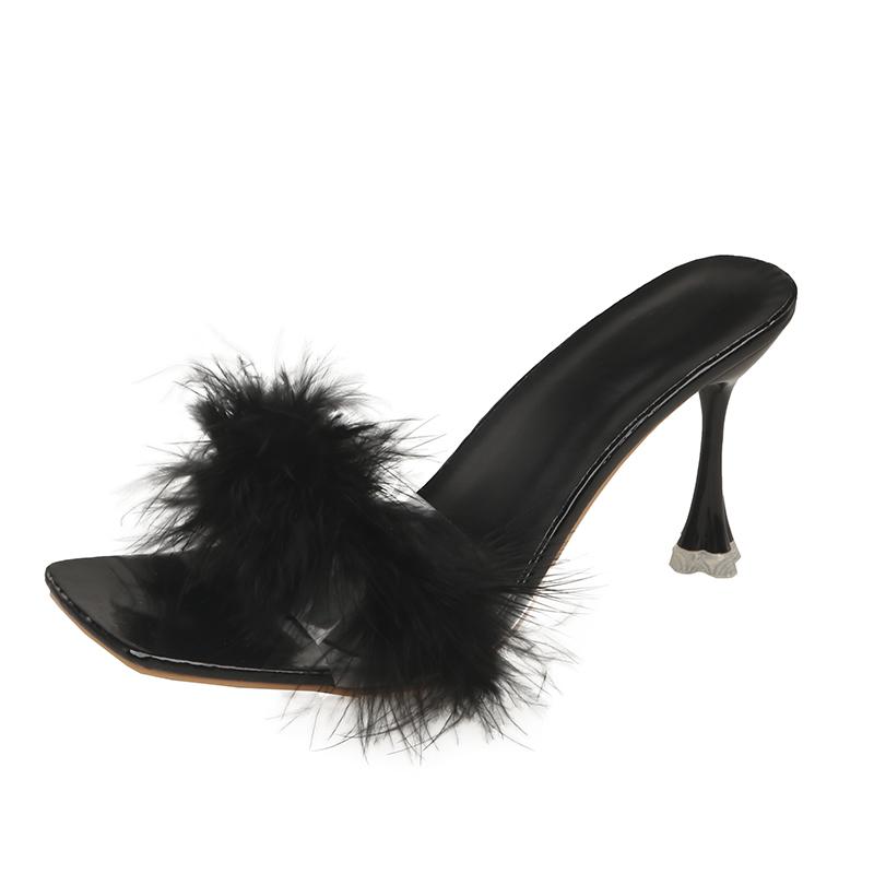 

Fashion Plus Size 2025 New Women s Open Toe Slippers Square Toe Feather Thin Heels Sandals Summer Fashion Party Dress Slippers Zapatos 35 чёрный