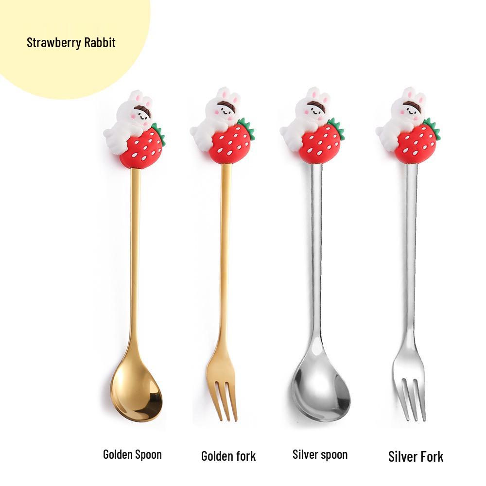 Cartoon Rabbit Christmas Dessert Spoon and Fork Set - Cute Party Favor Stirring Spoon