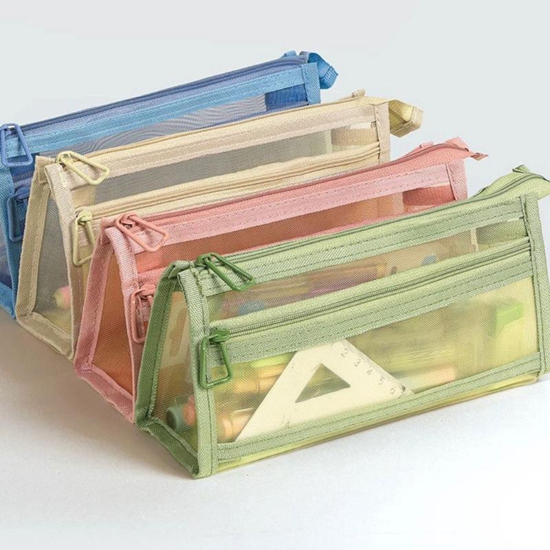 Large Capacity Pencil Bag Pen Case Clear Pencil Case Double Layers Mesh Pencil Pouch Mesh Bag School Office Supplies