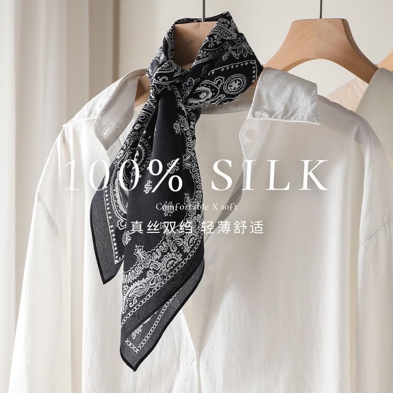 Silk Scarf Women's High-end Neck Thin Black Cashew Flower Small Square Scarf Fashionable Versatile Scarf