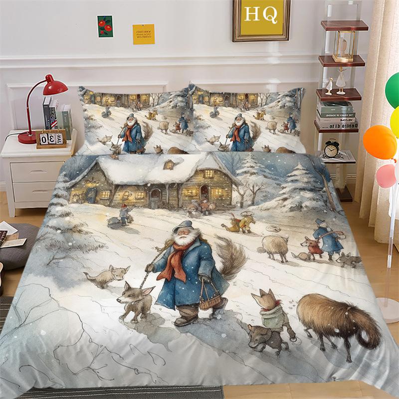 Christmas Snow Scene 3D Printed Polyester Pillowcase Quilt Cover Two Or Three Piece Set