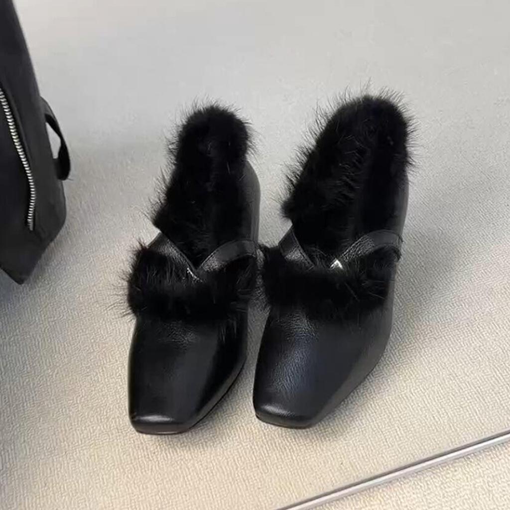 Retro Square Head Fur Slip-On Shoes Metal Buckle One-Strap Lightweight Mary Jane Shoes for Women