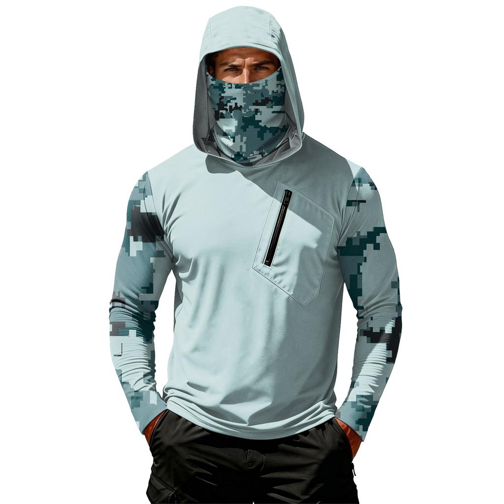 Men's Casual Camouflage Print Hooded Long Sleeve Sun Protection Shirt Lightweight Breathable Outdoor Activewear