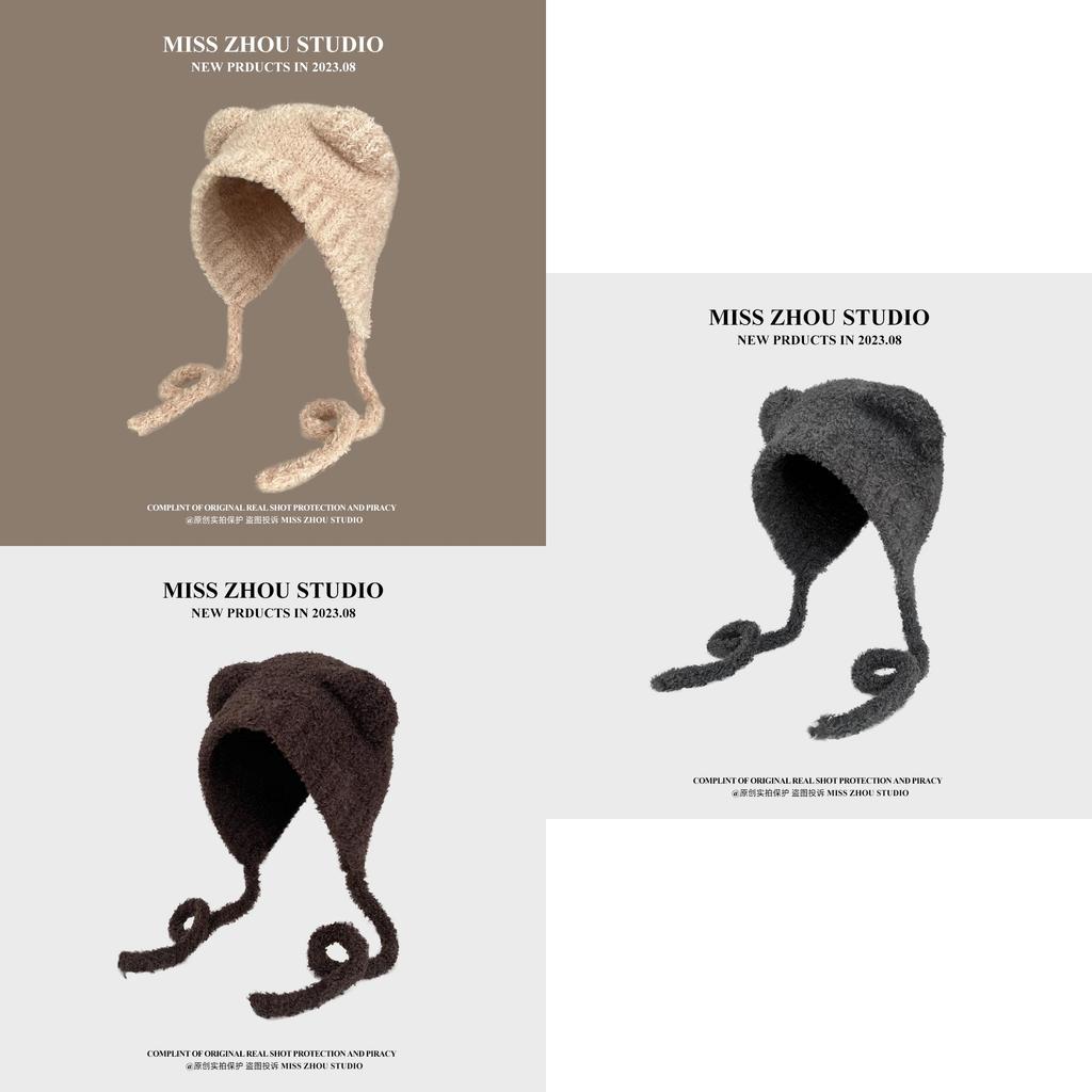 Cute Bear Ear Knit Hat For Women Winter Warm Plush Earmuffs Tie Headband Cap