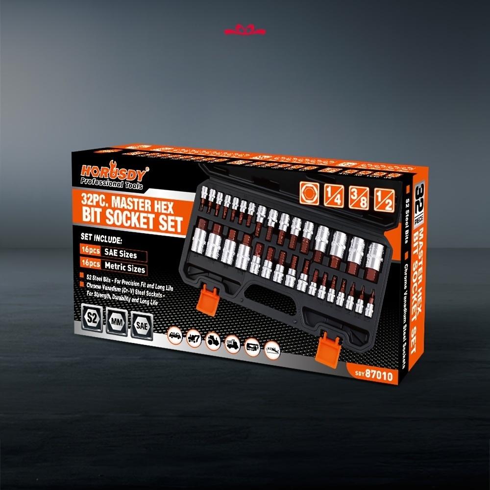 HORUSDY Allen Socket Set | 32pcs Hex Bit Socket Set | S2 Steel Socket | SAE And Metric | 1/4", 3/8", & 1/2" Drives