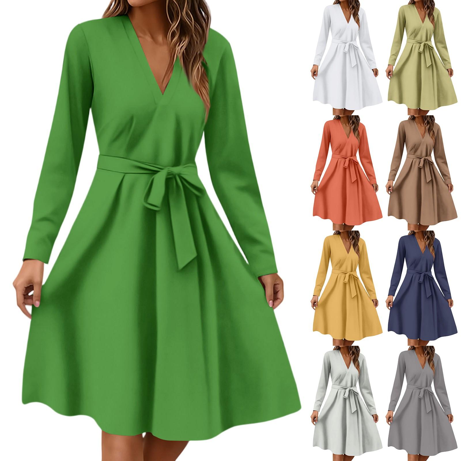 

Women s Fashion Casual V-Neck Long Sleeve Waist Solid Color Midi Dress XL жовтий