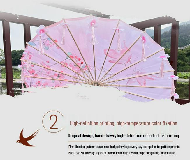 Vintage Petal Tassel Women's Silk Hanfu Dance Umbrella - Classical Oil Paper Runway Prop