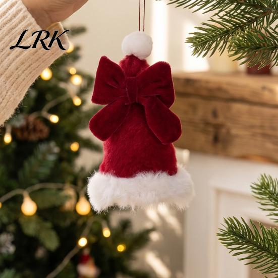 Retro Christmas Tree Accents Plush Santa Hat Ornament with Bow Decor, Xmas Hanging Pendant Soft Ornaments Lanyard for Holiday Decoration, Red