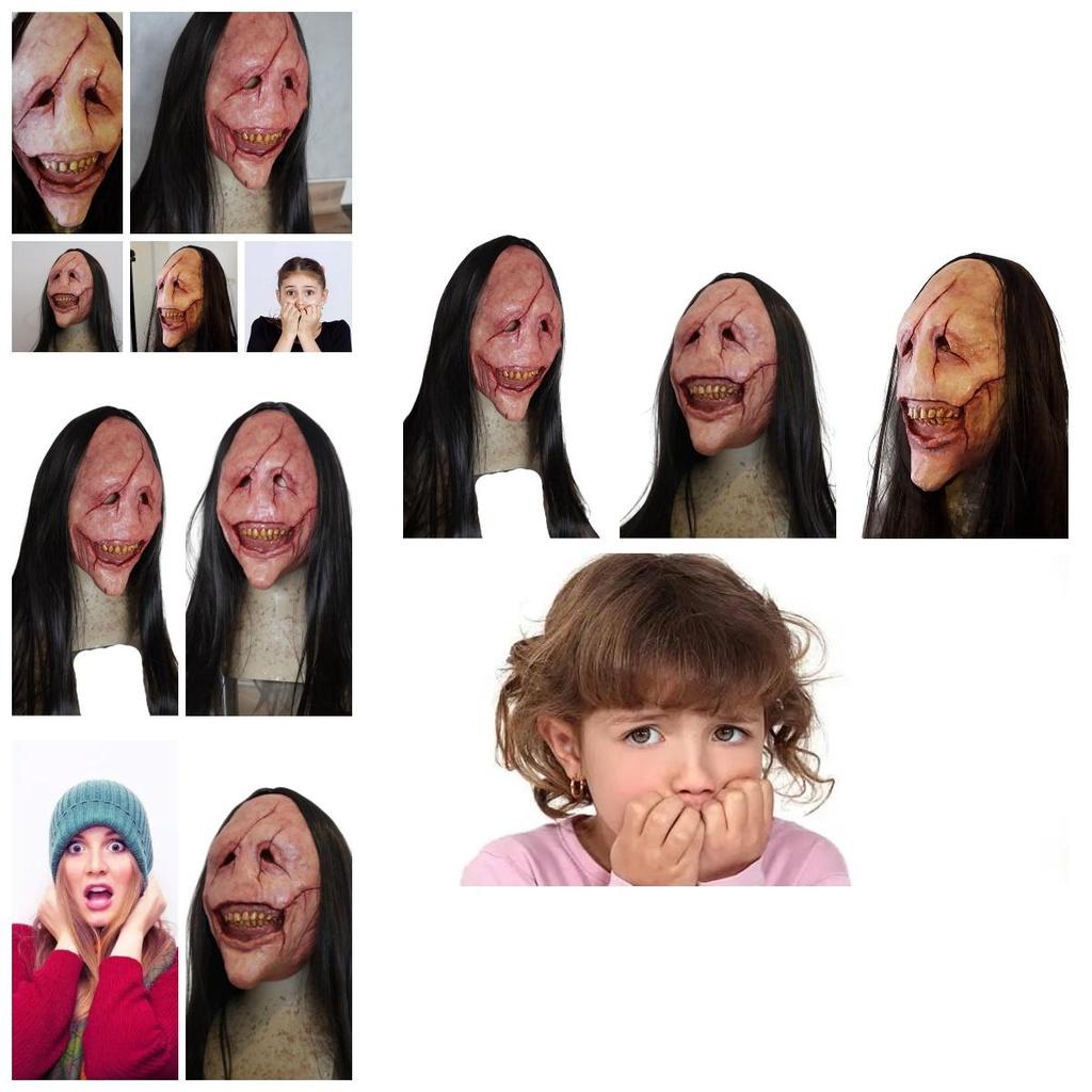 Halloween Horror Demon Mask With Long Hair Red-faced Devil Mask With Exposed Teeth