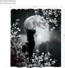Tenda Doccia Gatto Nero Luna Notte Mistica Fiore di Ciliegio Floreale Gotico Moderno Estetica Tessuto Poliestere Impermeabile