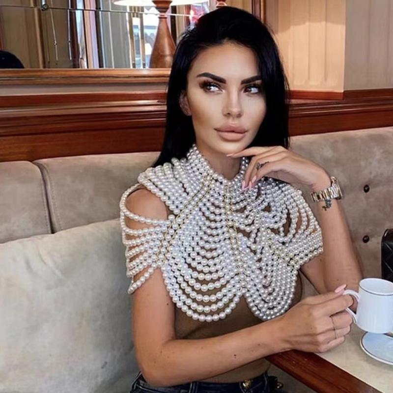 Exquisited Chest Chain Imitation Pearls Tassels Layered Necklace Shawl Beaded Body Jewelry for Elegant Evening Parties