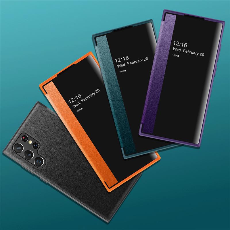 Applicable To Samsung S25Ultra Mobile Phone Case Plain Leather S24 Clamshell Leather Case Note20 Side Window Anti-drop Protective Case A52
