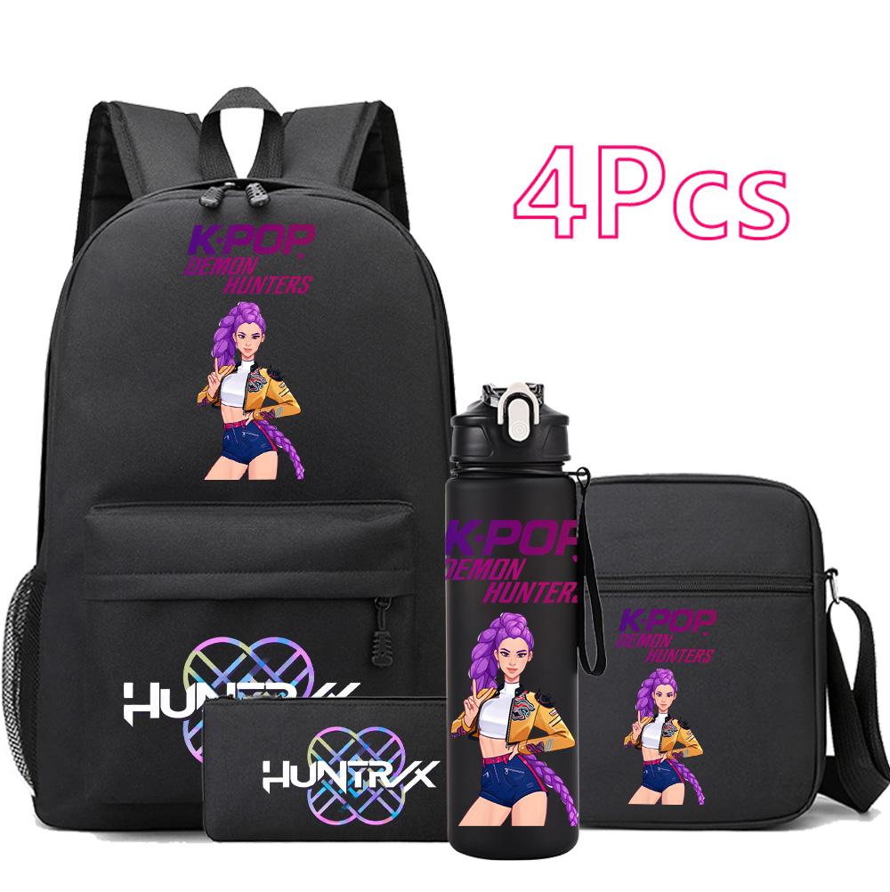 4Pcs/set Anime Cartoon K-Pop Printed Backpack with 750Ml Water Bottler for Teenager Student Girl Boy Bookbag Kid Gift Large Capacity Travel Bag