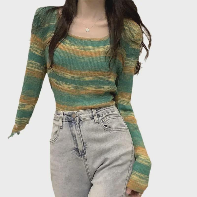 Women's Slim Fit Striped Contrast Long-Sleeve Autumn Sweater