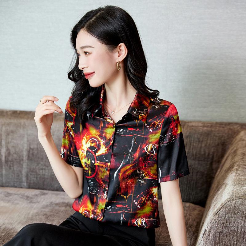 Summer 2025 Mulberry Silk Top: Hangzhou Short-Sleeve Dress for Middle-Aged Women, Printed Design, Large Size