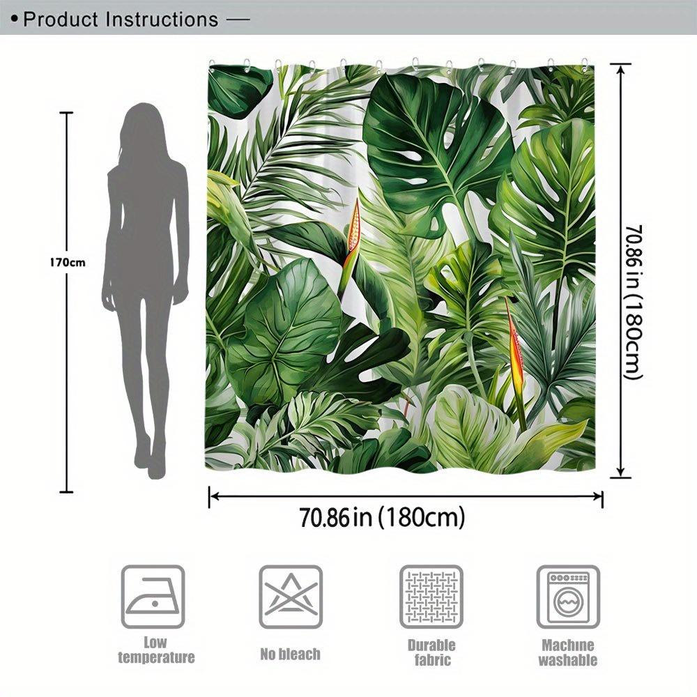1pc Tropical Leaves Shower Curtain , Polyester,12 Hooks, Monstera, Banana, Elephant Ear, Bird's-Foot Clover Design