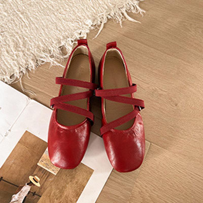 Comemore Spring Ballet Flat Shoes Women Soft Leather Square Toe Flat Mary Janes Shoe Casual Cross Strap Solid Flats Single Shoes
