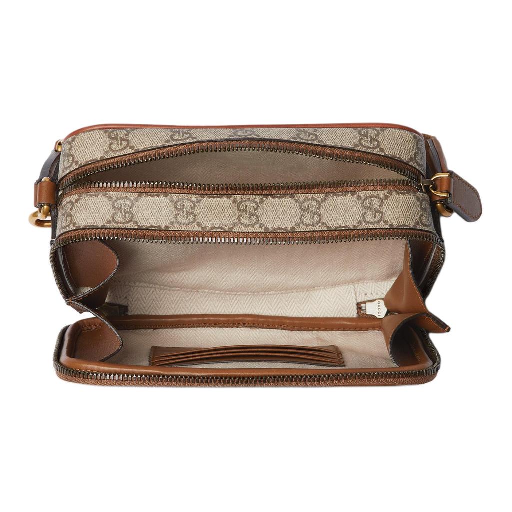 Gucci GG Emblem Logo Print Adjustable Shoulder Strap Fabric Mini Shoulder Bag Men Shoulder Bag Beige Dark-Brown 821217-FAED3-9786