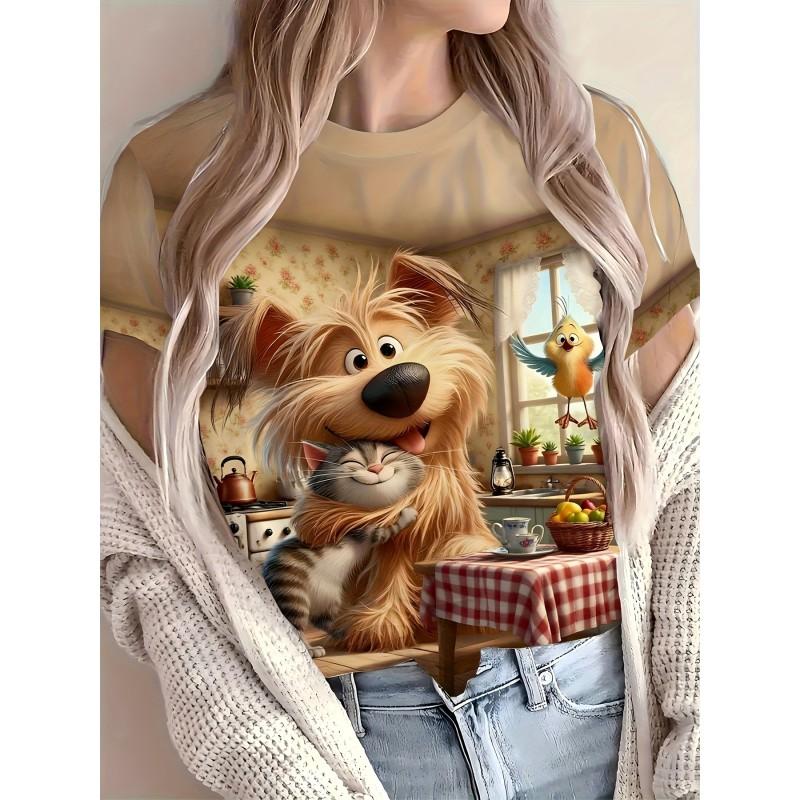 Casual Loose Fit Round Neck Short Sleeve T-Shirt With 3D Dog Print Women Men 2025