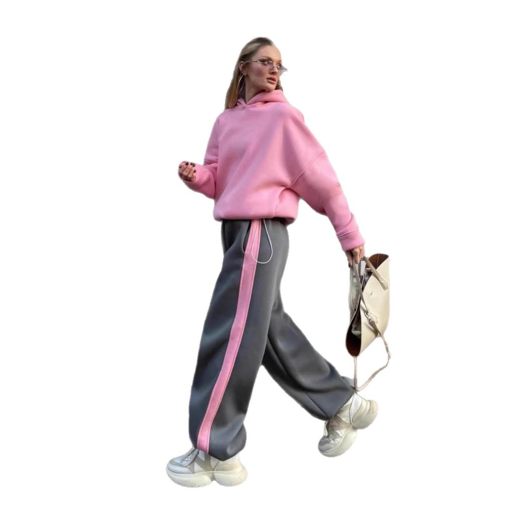 European and American contrasting color design sweater set two-piece set girly hooded pullover top casual sports trousers
