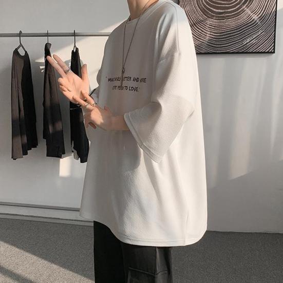 O-Neck 3/4 Sleeve Men T-shirt Ice Silk Thin Moisture Wicking Oversized Letter Print Tee Shirt Daily Clothing