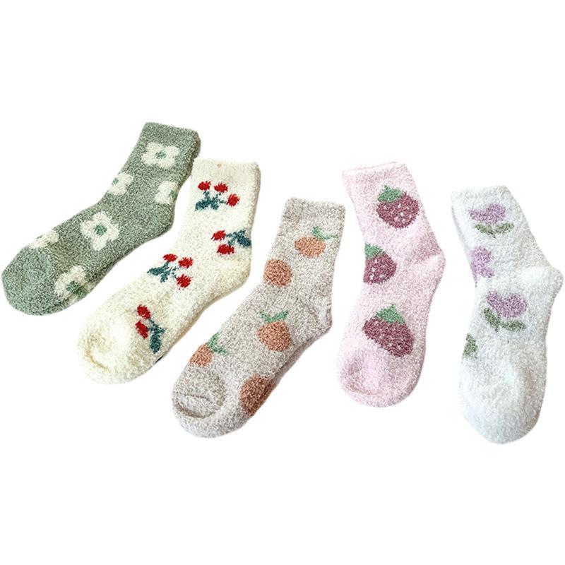 Women's Winter Coral Fleece Fruit Print Warm Sleep & Floor Socks