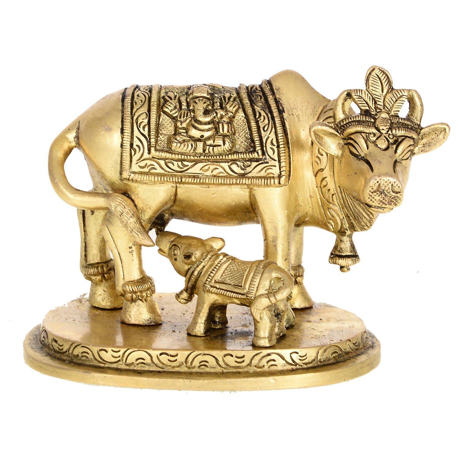 100% Pure Brass Holy Kamdhenu Cow & Calf Sculpture, Golden, Size - Standard