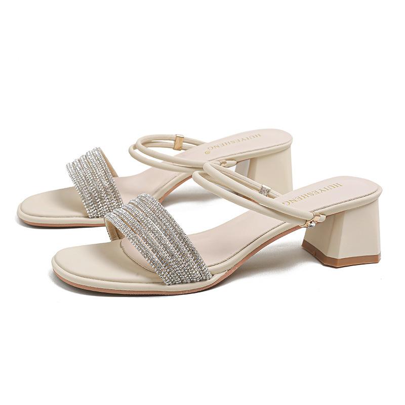 

Fashion bling bling med-high heels sandals women two wears summer slide shoes woman crystal band gladiator sandalias mujer big size 43 34 абрикосовый