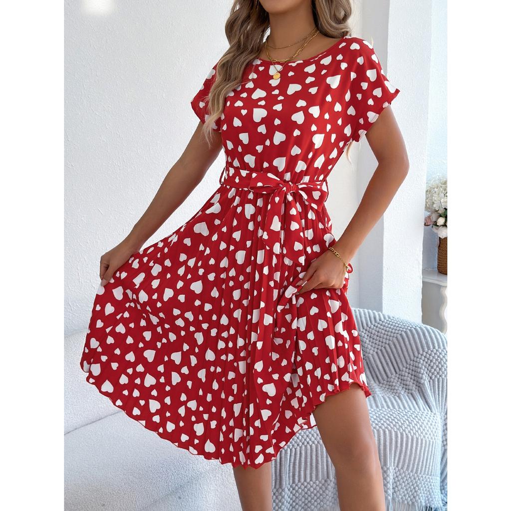 QICED Spring Summer Casual Color-blocking Heart-shaped Short-sleeved Waist-cinching Pleated Dress Women's Wear