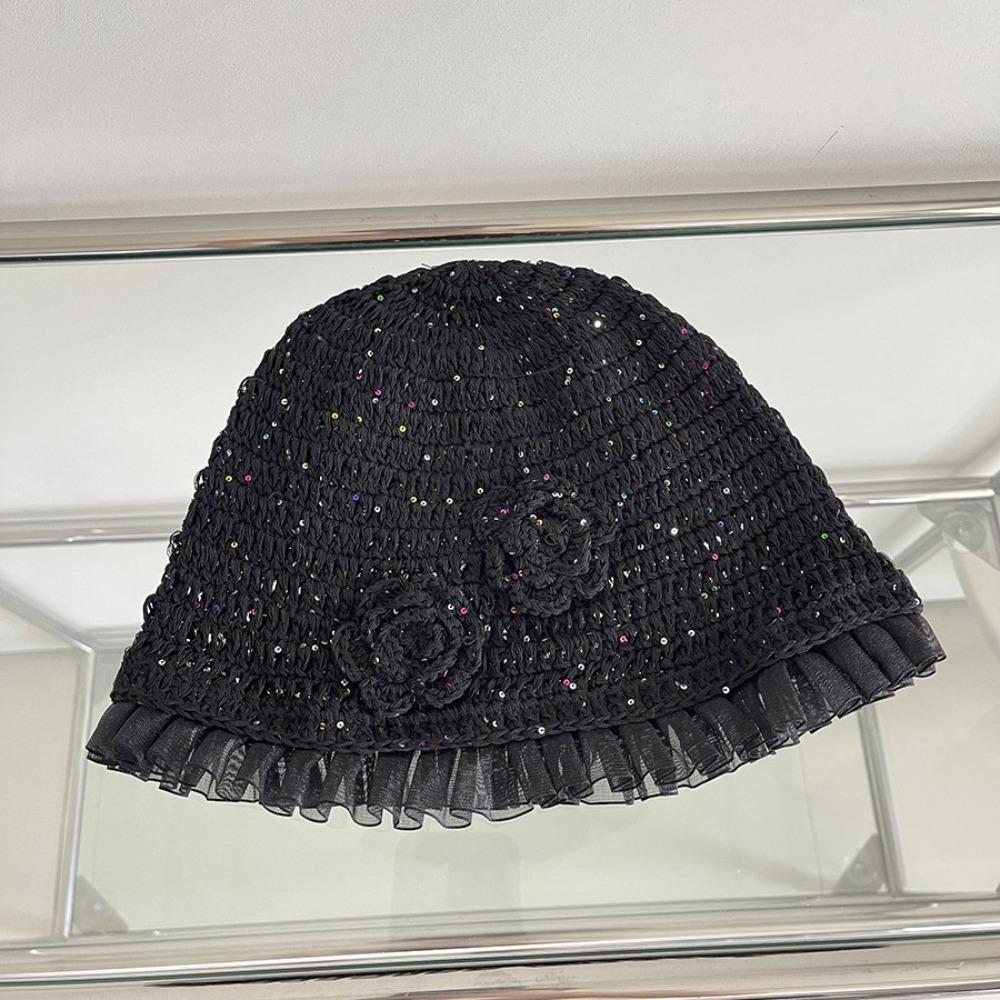 Hollow Out Lace Beanies Hat Glitter Sequin Knitted Hat Cute Crochet Flower Hat  Apparel Accessories