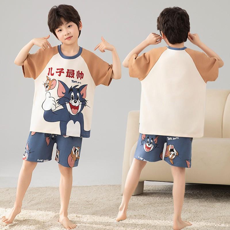 Boys Cotton Pajama Set Short Sleeve Cartoon Print Lightweight Sleepwear Kids 8 Years Home Wear