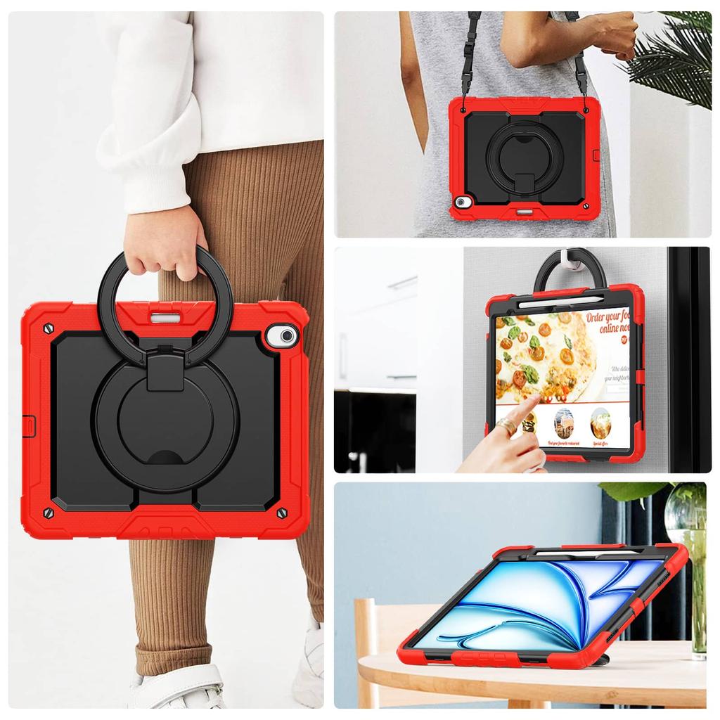 For iPad Air 13 M2 M3 2025, Military Grade Shockproof Protective Silicone Cover 360 Folding Handle Grip + Handle Shoulder Strap