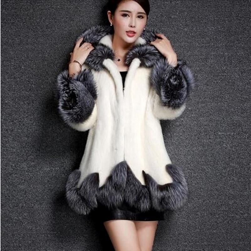Moda Invernale Donna Cappotto con Cappuccio Peloso Caldo Pelliccia Bianco Nero Coniglio Pelliccia di Visone Casual Soprabito (Taglie forti S-5XL)
