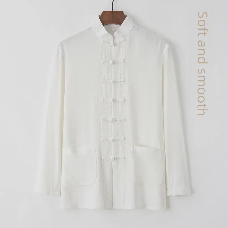 Men's Cotton Linen Tang Suit - Long-Sleeve Retro Chinese Buttoned Attire for Middle-Aged & Elderly, Loose Tai Chi Style