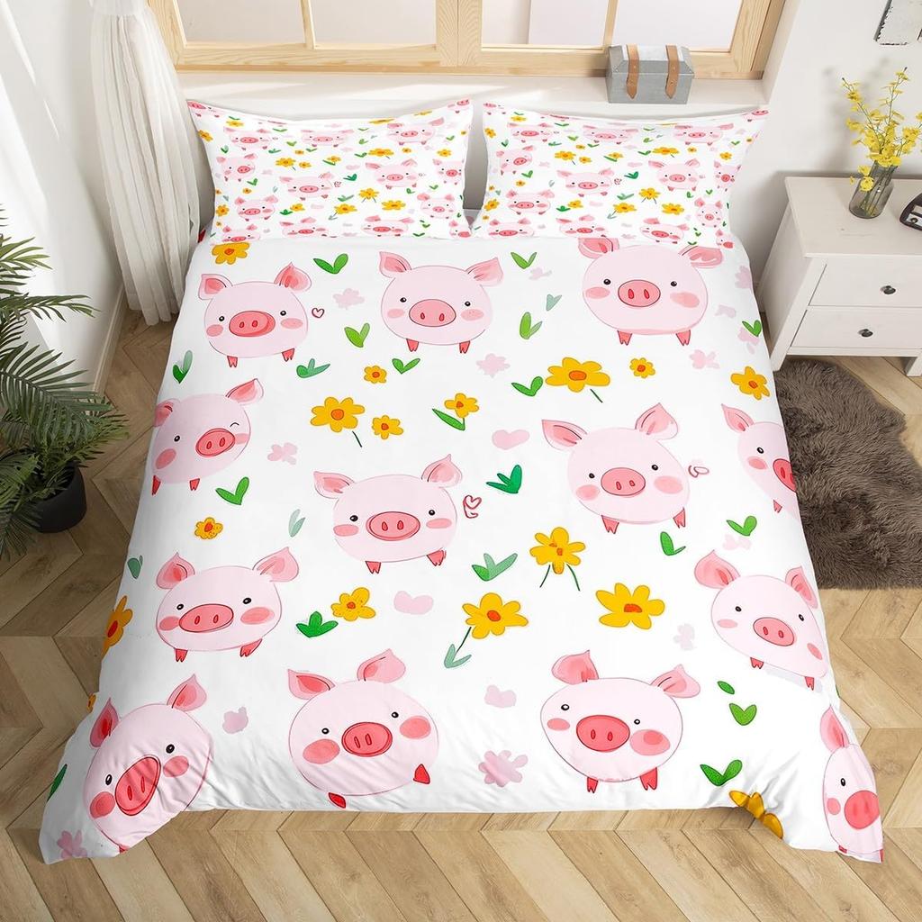 Pink Pig Duvet Cover For Girls Kawaii Room Decor Twin, Rose Floral Leaves Comforter Cover Cute Farm Animal Cartoon Bedding Set