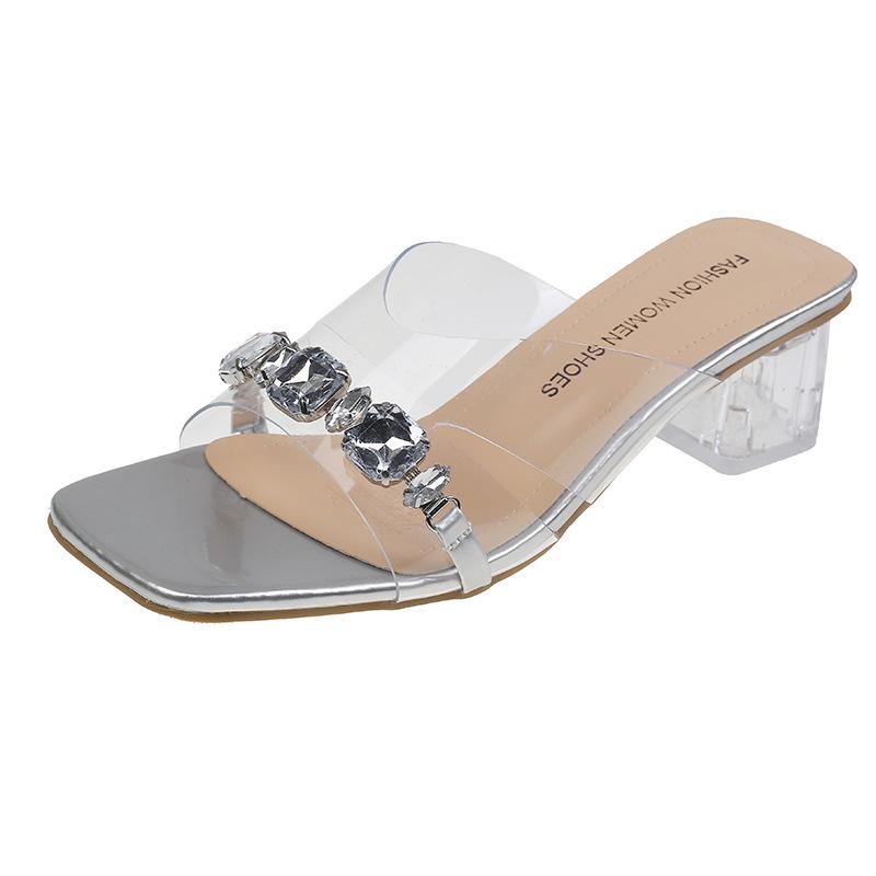 Summer Large Size High-heeled Slippers Female External Wear Square Head Rhinestone One Word Sandals Temperament Women's Shoes Fashion Women Shoes